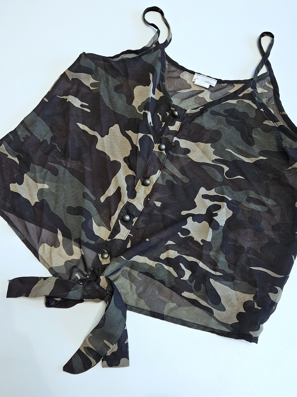 Fashion Magazine Camo Tie-Front Tank Top - Green, Black, Tan